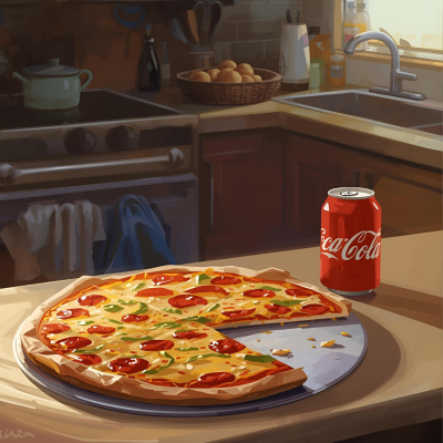 Pizza com pepperoni e manjericão ao lado de uma lata vermelha de Coca-Cola numa cozinha