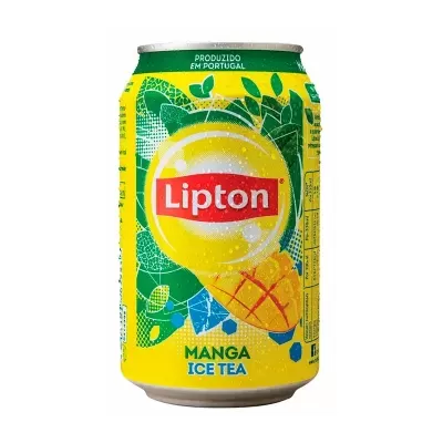 Lata amarela de chá gelado Lipton sabor manga com ilustração de manga