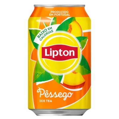 Lata de chá gelado Lipton sabor Pêssego com imagem de pêssegos e texto