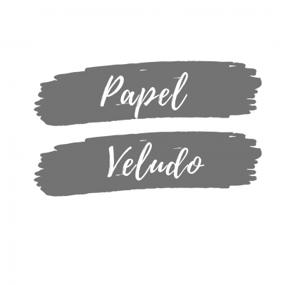 Fundo branco com duas faixas cinzentas com os textos 'Papel' e 'Veludo' em branco