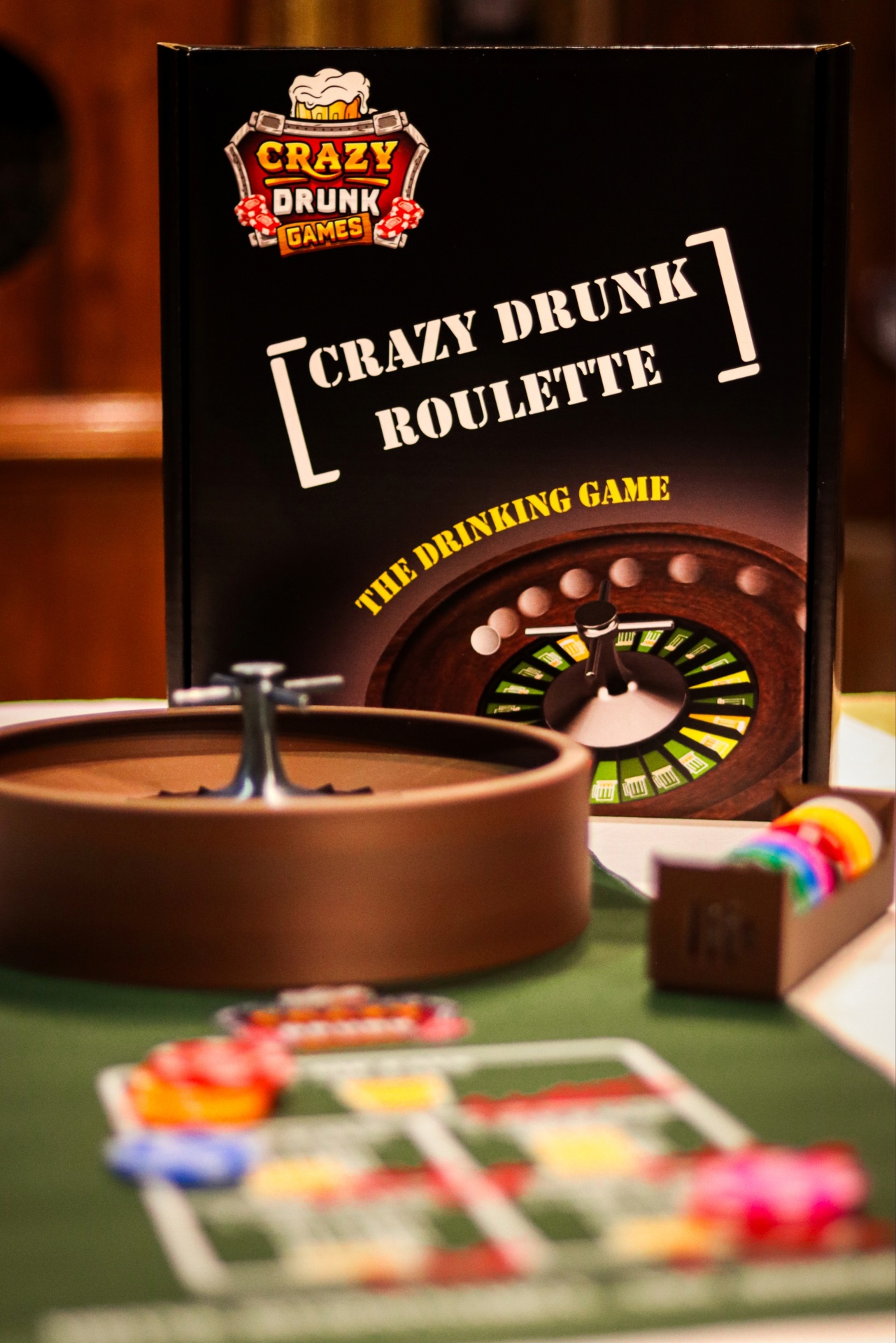Crazy Roulette Crazy Drunk Roulette drinking game set and packaging