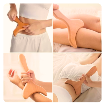 Dispositivo de massagem manual em madeira clara usado em várias partes do corpo