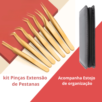 Kit 7 Pinças de Pestanas Inox Dourado