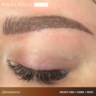 Sobrancelha micropigmentada castanho escuro com cílios longos e texto PERMA BLEND LUXE READY ASH + DARK + MOD.