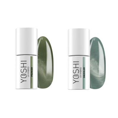 Dois frascos de verniz branco com tampa, um verde escuro e outro azul esverdeado