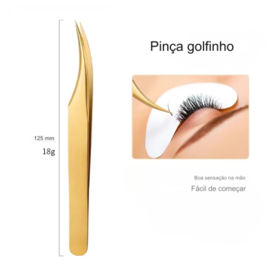 Pinça golfinho dourada ao lado de aplicação de pestanas e texto explicativo
