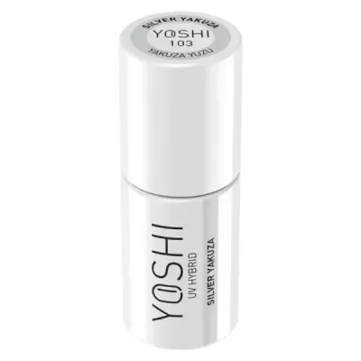 Frasco branco de verniz para unhas híbrido UV com texto YOSHI e SILVER YAKUZA