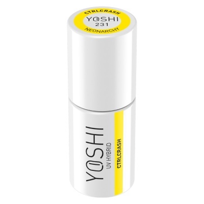 Frasco branco de verniz UV híbrido YOSHI com detalhe amarelo e texto preto