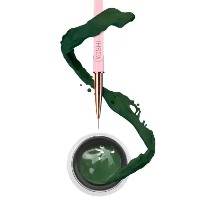 Pincel rosa com produto verde cremoso e tinta verde espiral