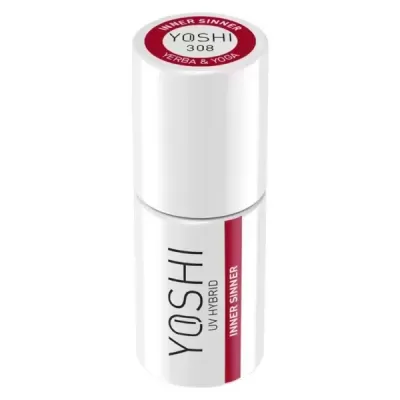 Frasco branco de produto cosmético YOSHI UV HYBRID com detalhes em vermelho
