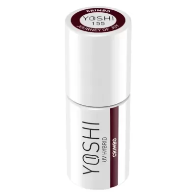 Frasco branco de verniz para unhas UV híbrido com texto YOSHI e detalhe vermelho
