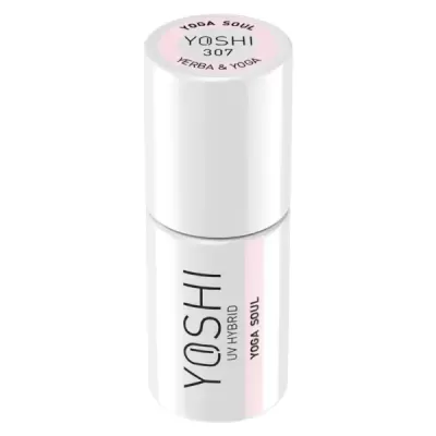 Frasco branco de verniz UV híbrido Yoshi com texto preto e rosa