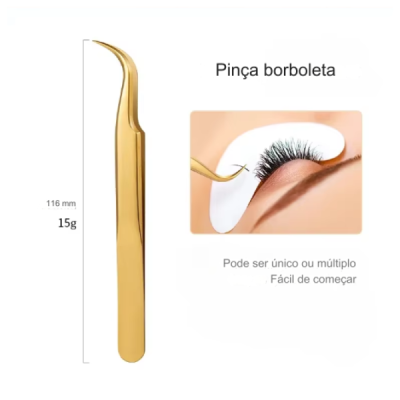 Pinça borboleta dourada de metal para pestanas com medidas e texto explicativo