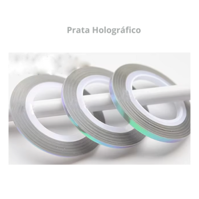 Três rolos de fita adesiva prateada holográfica num suporte branco