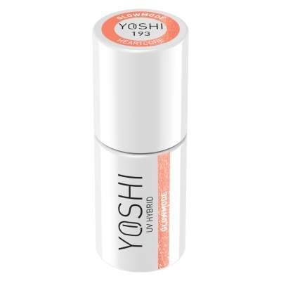 Frasco branco de verniz para unhas YOSHI UV HYBRID com texto GlowMode Heartcore 193.