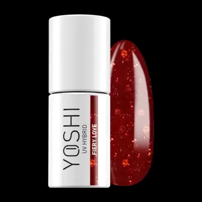 Frasco branco de verniz YOSHI UV Hybrid Fiery Love com amostra vermelho brilhante glitter