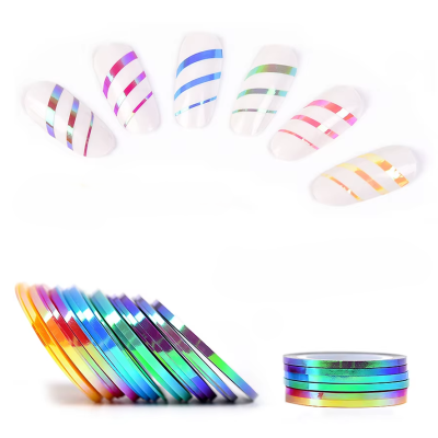 Fitas decorativas holográficas para unhas em vários tons metálicos