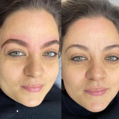 Retratos lado a lado de mulher com sobrancelhas pintadas à esquerda e naturais à direita