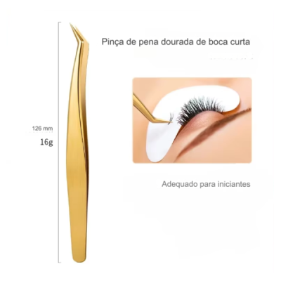 Pinça curva dourada para pestanas com texto explicativo
