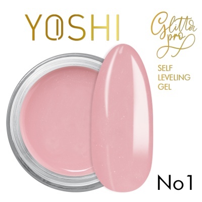 Gel rosa claro YOSHI Glitter Pro em embalagem redonda transparente, texto dourado e preto