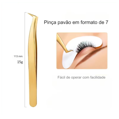 Pinça dourada formato 7 para aplicação de pestanas com indicação de tamanho e peso