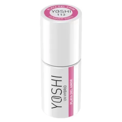 Frasco branco de verniz de unhas YOSHI UV híbrido com etiqueta rosa e branca