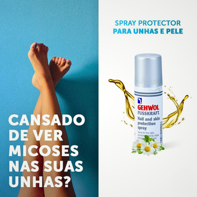 Spray protector para unhas e pele Gehwol Fusskraft com pernas cruzadas em fundo azul e texto em português