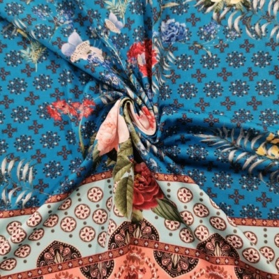Malha Jersey Painel c/ Elastano FLORAL TURQUESA