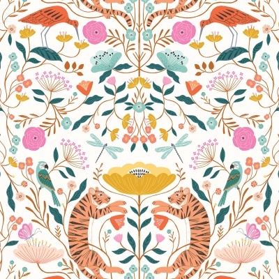 Padrão colorido com tigres, pássaros e flores delicadas em fundo branco