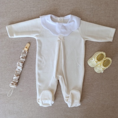 Babygrow em veludo com gola redonda e laço - Pérola/Amarelo