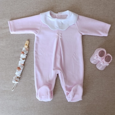 Babygrow em veludo com gola redonda e laço - Rosa claro