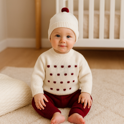 Bebé com roupa de malha branca e vermelha sentado no chão frente a um berço branco