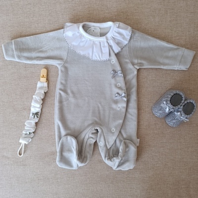 Babygrow em veludo com gola e laços - Cinzento