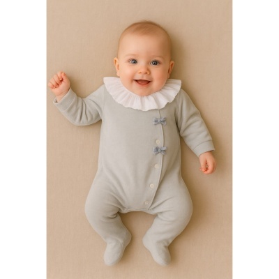Babygrow em veludo com gola e laços - Cinzento