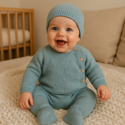 Conjunto de malha pompom verde água