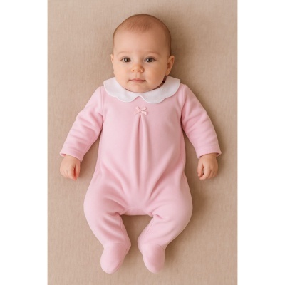 Babygrow em veludo com gola redonda e laço - Rosa claro