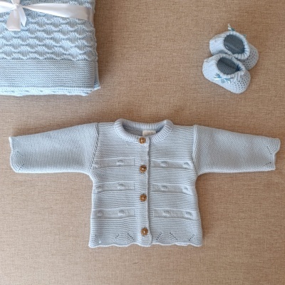 Casaco de malha com pompons - Azul Claro