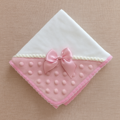 Toalha de bebé branca com detalhe rosa e laço de cetim