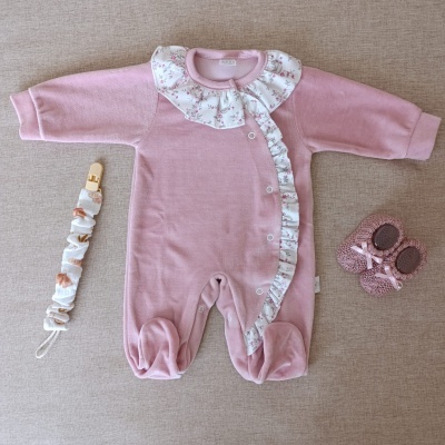 Babygrow em veludo com folho flores - Rosa velho