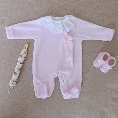 Babygrow em veludo com folho e laço grande - Rosa claro