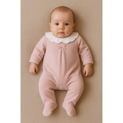 Babygrow em veludo com gola redonda e laço - Salmão