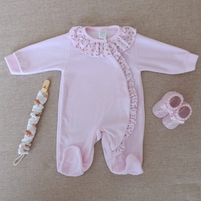 Babygrow em veludo com folho flores - Rosa claro