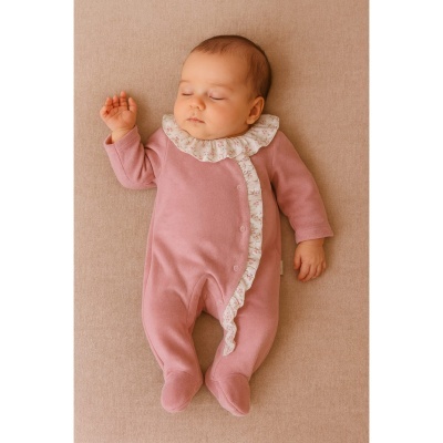 Babygrow em veludo com folho flores - Rosa velho