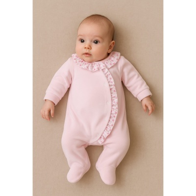 Babygrow em veludo com folho flores - Rosa claro