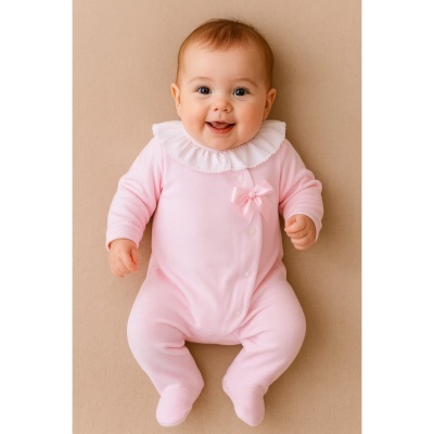 Babygrow em veludo com folho e laço grande - Rosa claro