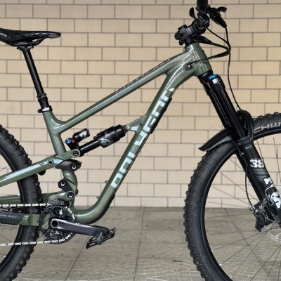 Bicicleta de montanha verde com suspensão total e pneus Schwalbe