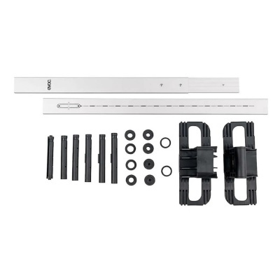 Componentes de montagem com réguas brancas e peças pretas de plástico e anéis