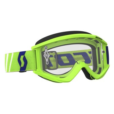 Óculos de proteção motocross verdes fluorescentes com tirante elástico azul e branco