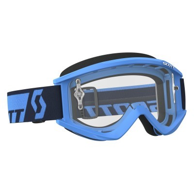 Óculos de proteção azul com lentes transparentes e correia preta e azul