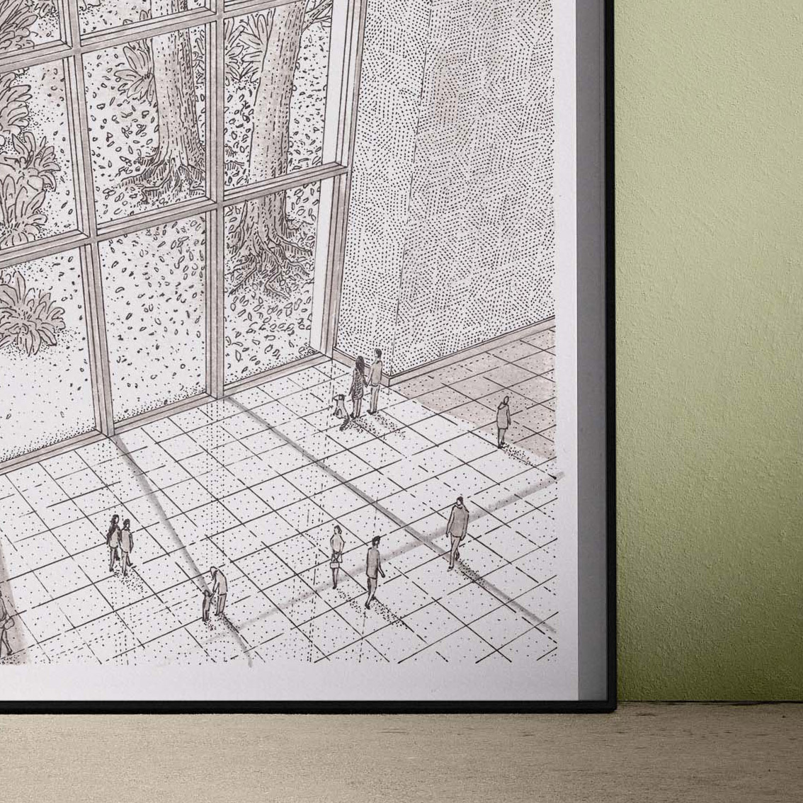 Desenho em preto e branco de interior com pessoas e janela grande com vista para árvores.